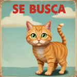 Imagen de un gato desaparecido naranja ojos verde y letras rojas que dicen Se busca
