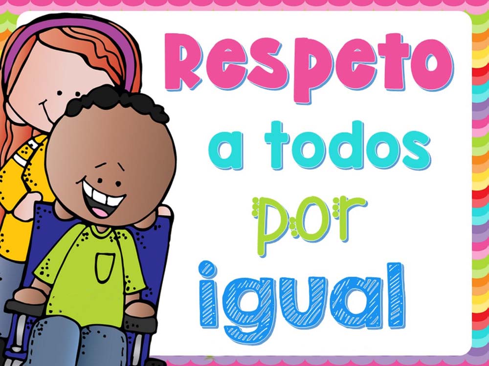 Imagen de una pizarra que dice respeto a todos por igual y a su lado izquierdo una caricatura que tiene un niño y una niña