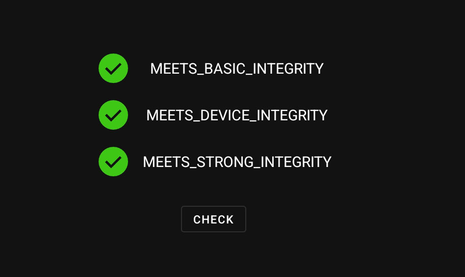 Captura de la pantalla del app de Play integrity Check despues de la comprobación de integridad
