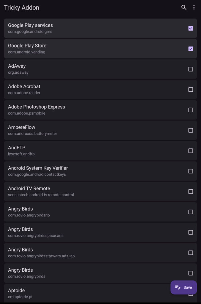 Captura de Tricky Addon con las opciones de google play (Store y Services) seleccionados