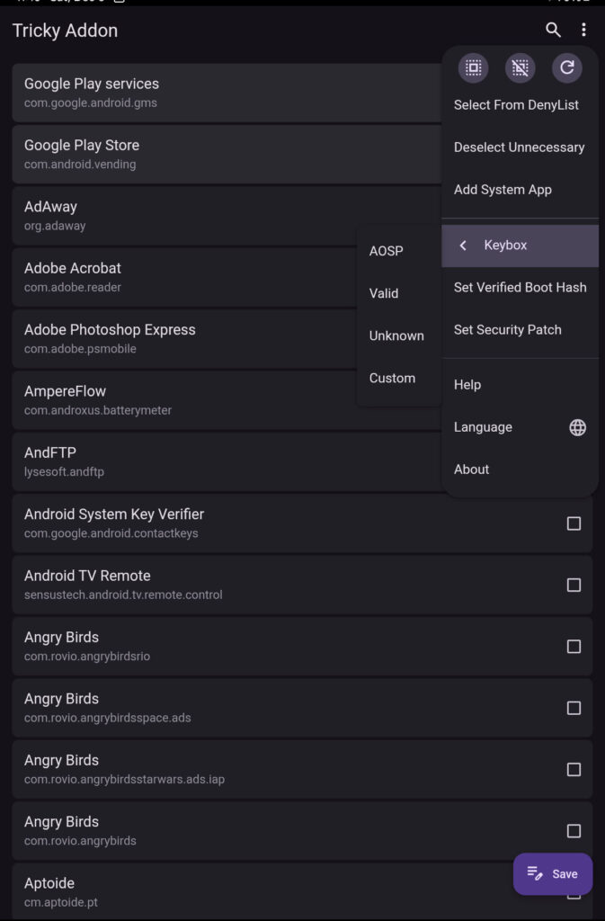 Captura de Tricky Addon con las opciones optenidas del Security Patch para una comprobación de integridad