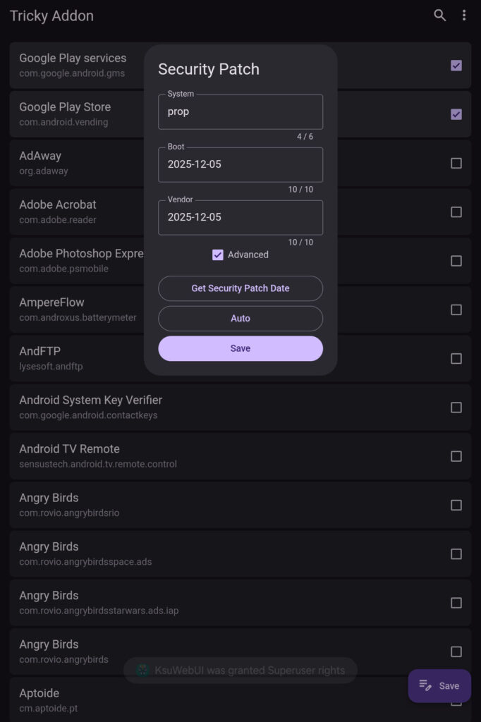 Captura de Tricky Addon con las opciones optenidas del Security Patch