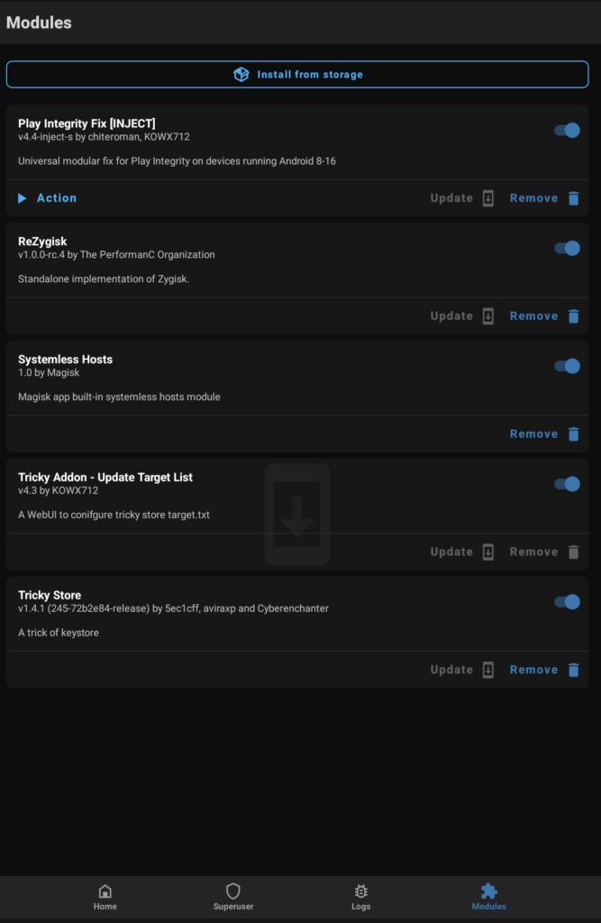 Captura de el app magic con los modulos que se descargaron instalados