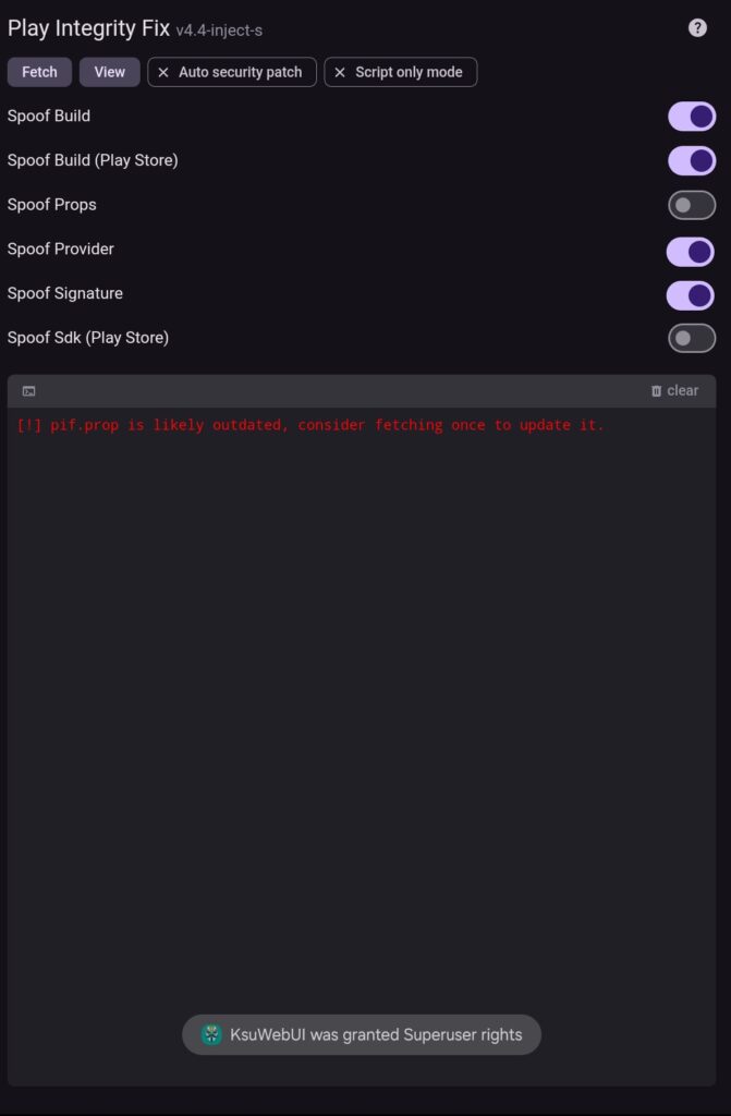 Capturas de las opciones de Play Integrity Fix (comprobación de integridad) con las primeras dos opciones seleccionadas